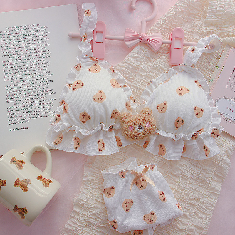 Little Bear rinnahoidja ja aluspükste komplekt Kawaii Lolita Push Up rinnahoidja, polsterdatud multikas Jaapani tüdrukule Pehme armas aluspesu õhuke rinnahoidja bralette komplekt