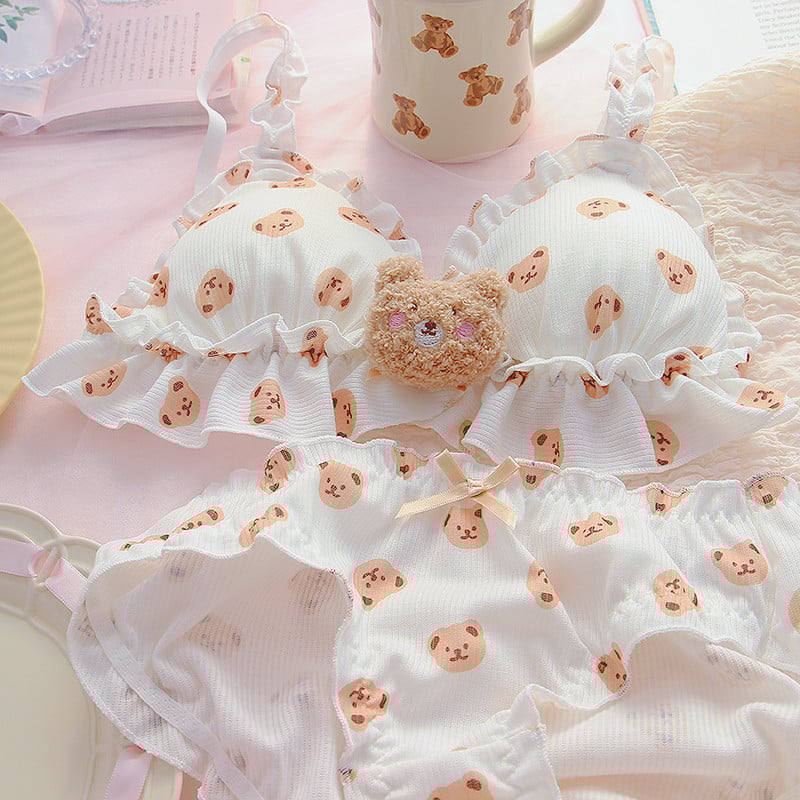 Little Bear rinnahoidja ja aluspükste komplekt Kawaii Lolita Push Up rinnahoidja, polsterdatud multikas Jaapani tüdrukule Pehme armas aluspesu õhuke rinnahoidja bralette komplekt