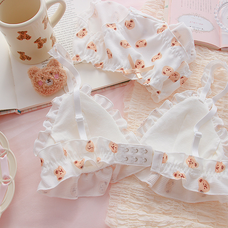Little Bear rinnahoidja ja aluspükste komplekt Kawaii Lolita Push Up rinnahoidja, polsterdatud multikas Jaapani tüdrukule Pehme armas aluspesu õhuke rinnahoidja bralette komplekt