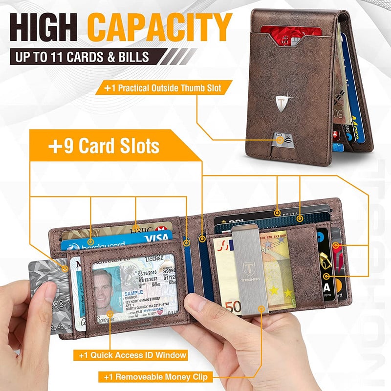 TEEHON mini novčanik od kože za muškarce, tanka kopča za novac s dvostrukim držačima kreditnih kartica za blokiranje RFID-a