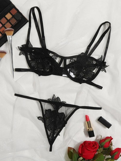 „Mulherelfo“ egzotiškas puošnus apatinio trikotažo komplektas, moteriškas seksualus apatinio trikotažo rinkinys Jausmingas nėrinių siuvinėjimas „Bralette“ permatomas liemenėlės ir kelnaičių rinkinys