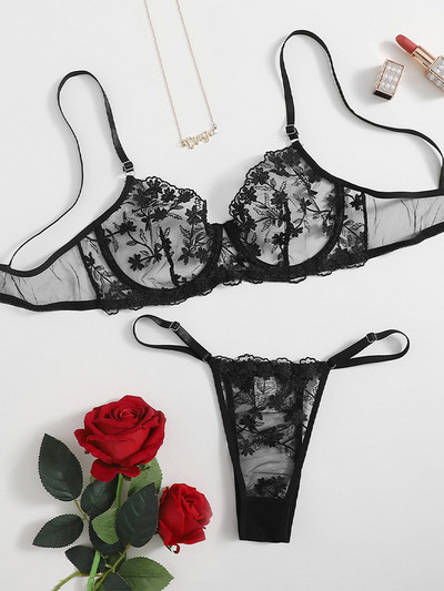 „Mulherelfo“ egzotiškas puošnus apatinio trikotažo komplektas, moteriškas seksualus apatinio trikotažo rinkinys Jausmingas nėrinių siuvinėjimas „Bralette“ permatomas liemenėlės ir kelnaičių rinkinys