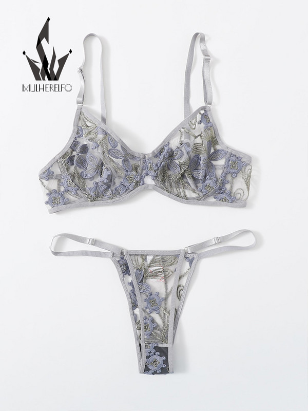 Mulherelfo eksotiski grezni sieviešu apakšveļas komplekti, jutekliski mežģīņu izšuvumi Bralette caurspīdīgi krūštura un biksīšu komplekti