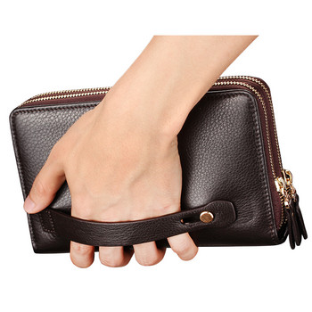 Луксозна марка Мъжка чанта клъч Моден дълъг портфейл Мъжка кожена бизнес чанта с двоен цип Черно-кафява ежедневна мъжка удобна чанта за пари