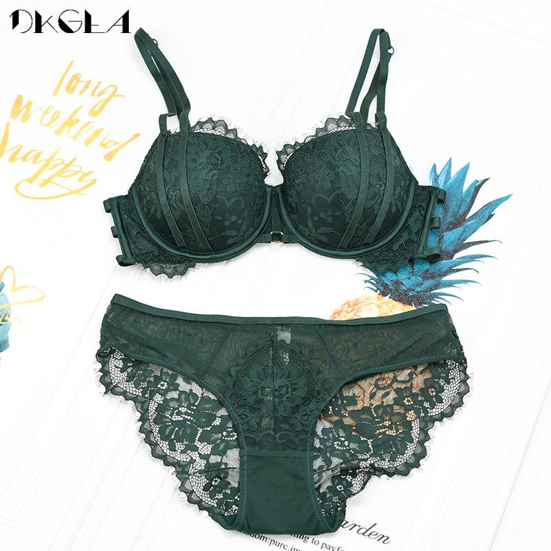 Prekės ženklo Hot Sexy Liemenėlės Kelnaitės Rinkiniai Stori apatiniai Moteriški Push-Up Liemenėlės BCD Cup Mados Liemenėlė Žalias apatinis trikotažas Gather Deep V