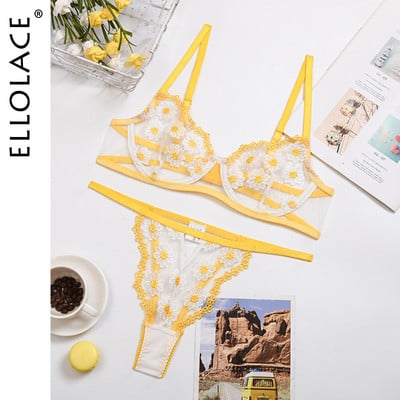 Ellolace lilleline pesukomplekt kollane naiste aluspesu Erootiline pesu läbipaistev rinnahoidja komplekt luudega rinnahoidja Seksikas pitsist aluspesu