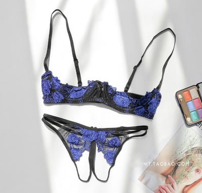 Uus lahtiste jalgevahepükstega aluspesukomplekt naiste pesu Seksikas võrgutamispesu lahtiste rindadega, väikeste rindadega Push Up rinnahoidja