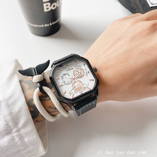 Meeste vabaaja käekell kandilise sihverplaadi ja ökonahast rihmaga