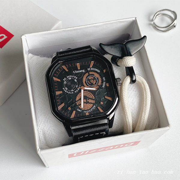 Meeste vabaaja käekell kandilise sihverplaadi ja ökonahast rihmaga