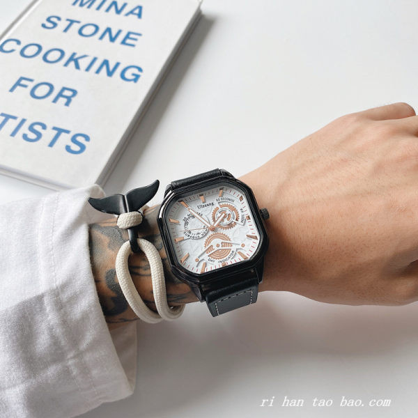 Meeste vabaaja käekell kandilise sihverplaadi ja ökonahast rihmaga