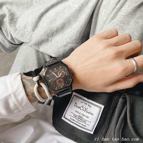 Meeste vabaaja käekell kandilise sihverplaadi ja ökonahast rihmaga