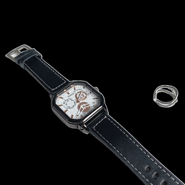 Meeste vabaaja käekell kandilise sihverplaadi ja ökonahast rihmaga