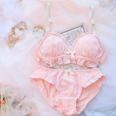 Japoniškų liemenėlių kelnaičių rinkinys Lolita Moteriškas Push Up Liemenėlė Madingi Medvilniniai apatiniai raukiniai Nėriniai kelnaitės Moteriškas seksualus apatinio trikotažo rinkinys