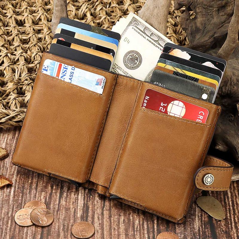 Naujas RFID aliuminio lydinio kreditinių kortelių laikiklis odos kortelių piniginės kortelių laikiklis vyrams, moteriškas, automatinis iššokantis kortelių dėklas