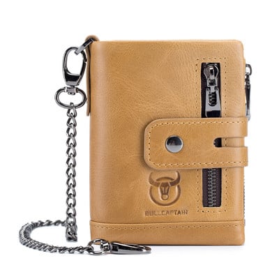 Nauj odos vyriška piniginė Gamintojas su dvigubu užtrauktuku vyriška piniginė Vintažinės odos vyriškos kortelės monetų krepšys su geležine grandine