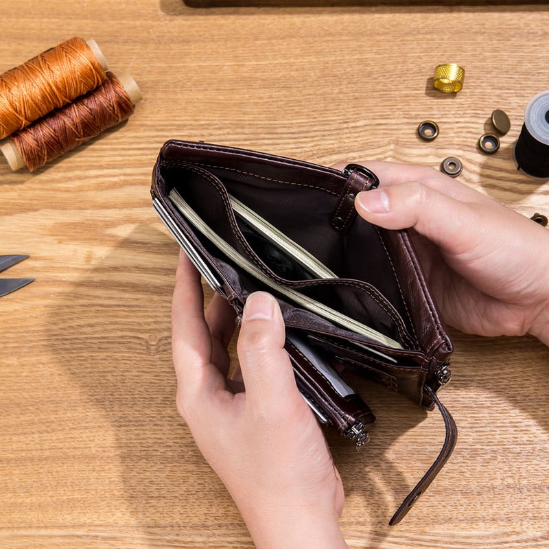 Nauj odos vyriška piniginė Gamintojas su dvigubu užtrauktuku vyriška piniginė Vintažinės odos vyriškos kortelės monetų krepšys su geležine grandine