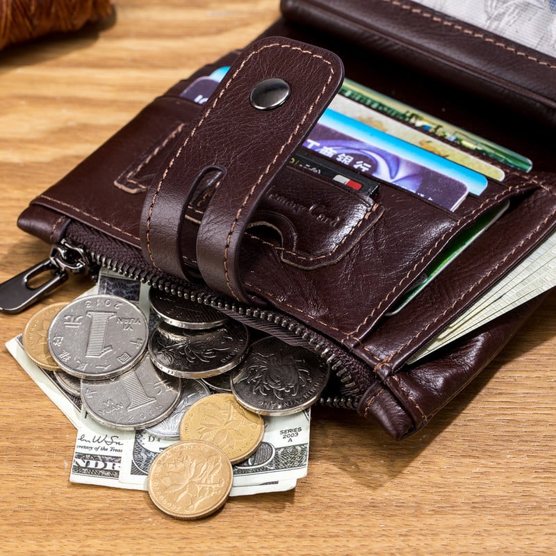 Nauj odos vyriška piniginė Gamintojas su dvigubu užtrauktuku vyriška piniginė Vintažinės odos vyriškos kortelės monetų krepšys su geležine grandine