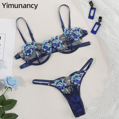 Dviejų dalių siuvinėjimo nėrinių liemenėlių rinkinys Moteriška 4 spalvų permatoma liemenėlė + kelnaitės madingi apatiniai Sexy apatinio trikotažo rinkinys