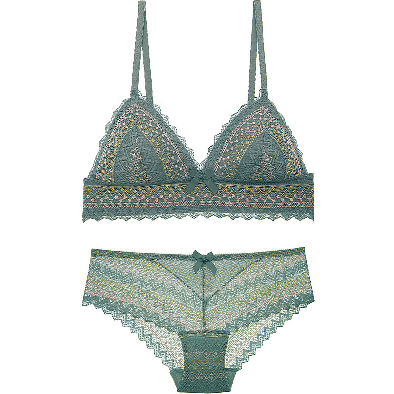 Tassikolmnurk traadita seksikas ööriided retro tikandiga kontrastvärvi naiste rinnahoidja ja aluspükste komplekt pits õhuke tass aluspesu