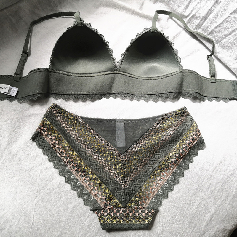 Tassikolmnurk traadita seksikas ööriided retro tikandiga kontrastvärvi naiste rinnahoidja ja aluspükste komplekt pits õhuke tass aluspesu