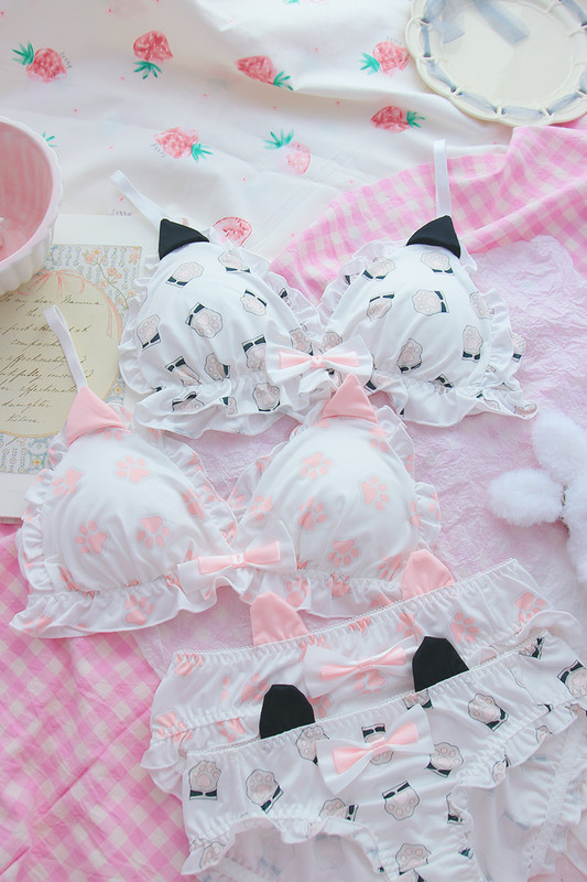 Japán Lolita diák melltartó szett Aranyos szív macska fülek édes fehérnemű szett női Kawaii melltartó és bugyi szett vezeték nélküli, puha intim