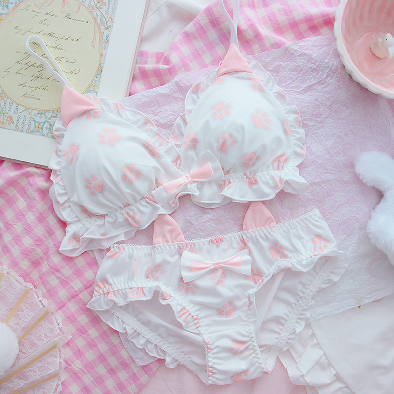 Japán Lolita diák melltartó szett Aranyos szív macska fülek édes fehérnemű szett női Kawaii melltartó és bugyi szett vezeték nélküli, puha intim
