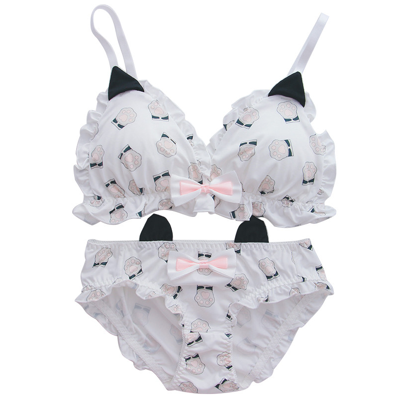 Japán Lolita diák melltartó szett Aranyos szív macska fülek édes fehérnemű szett női Kawaii melltartó és bugyi szett vezeték nélküli, puha intim