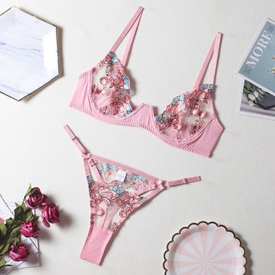 Mulherelfo seksikas pitsist haldjapesu naiste aluspesukomplekt, eksootiliste lilltikanditega läbipaistev rinnahoidja aluspüksid, 2tk, lühikesed nahahoolduskomplektid