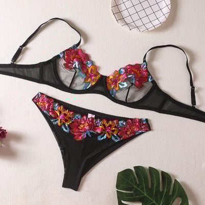 Mulherelfo seksikas pitsist haldjapesu naiste aluspesukomplekt, eksootiliste lilltikanditega läbipaistev rinnahoidja aluspüksid, 2tk, lühikesed nahahoolduskomplektid
