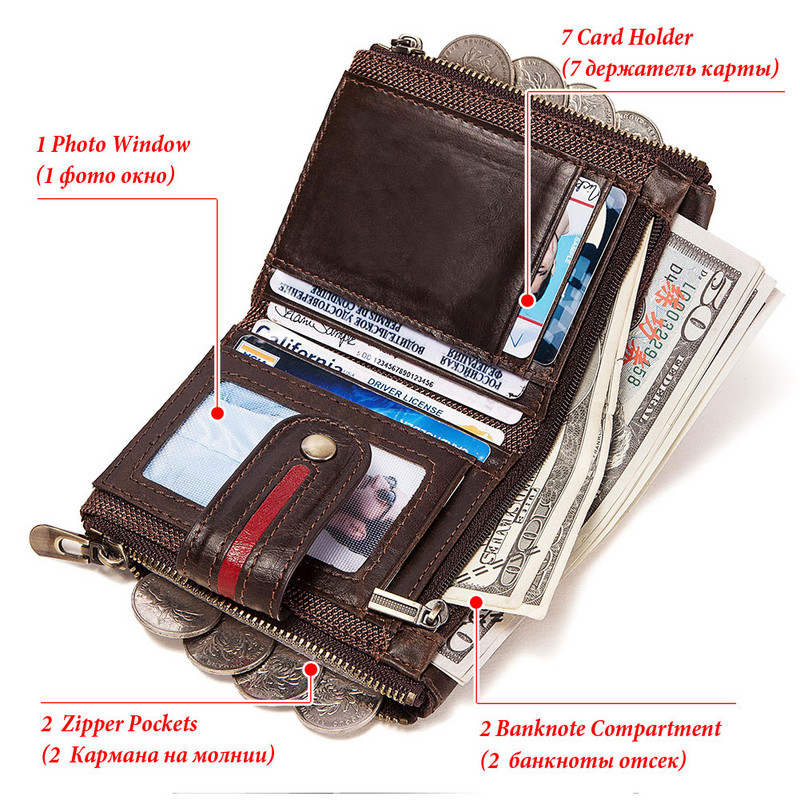 Trumpa piniginė vyrams odos „Hasp“ užtrauktuku monetų kišenė RFID blokuojanti vizitinių kortelių laikikliai Vintage PORTFOLIO „Portomonee“