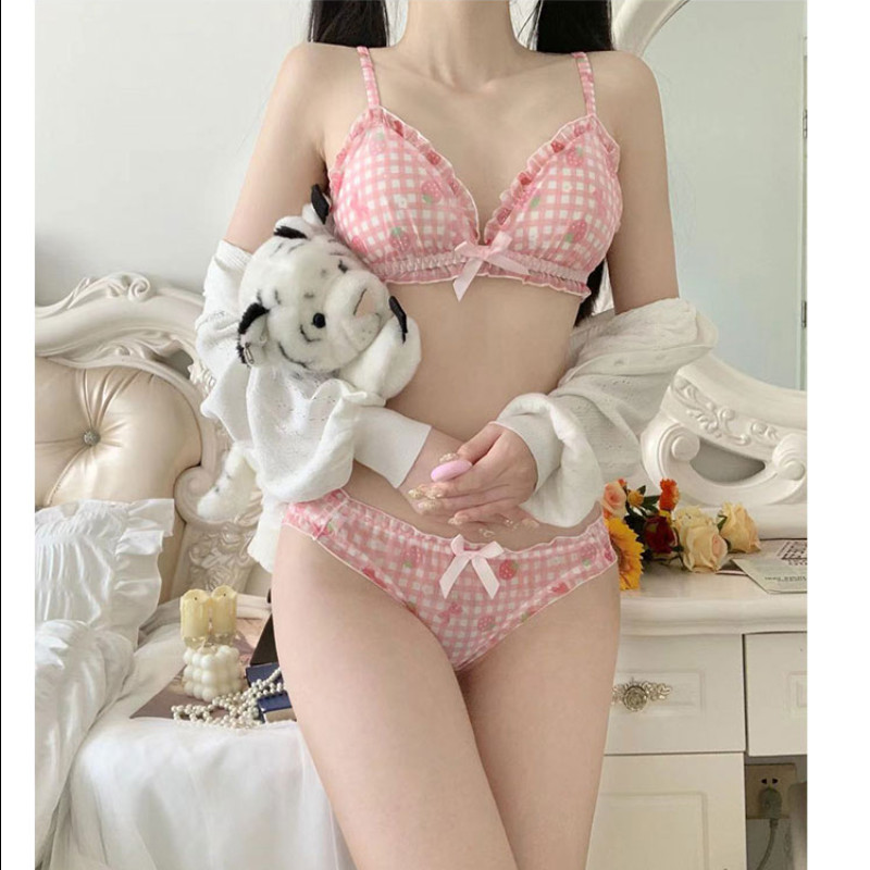 Kawaii grudnjak i gaćice Komplet donjeg rublja Lolita Girl Pink Sexy Strawberry Karirani Wirefree Soft Girl donje rublje Intimates Set donjeg rublja