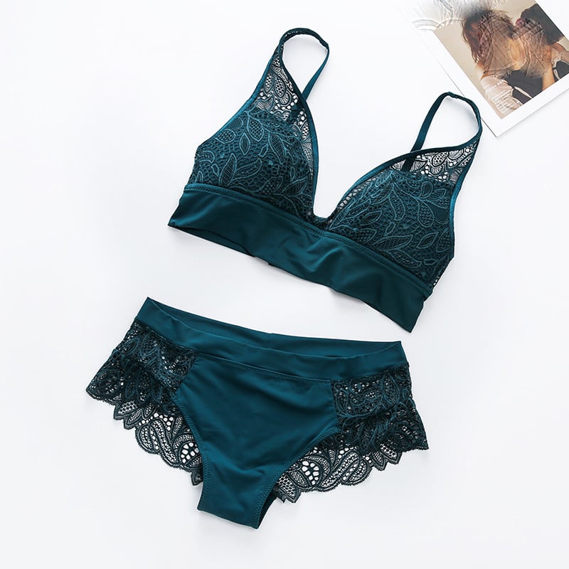 3 spalvų juoda pilka žalia pilni nėriniai seksualūs moteriški apatiniai prancūziški ploni kaušeliai belaidės liemenėlės rinkinys nėriniuotas patogus moteriškas apatinis trikotažas