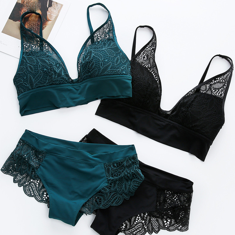 3 spalvų juoda pilka žalia pilni nėriniai seksualūs moteriški apatiniai prancūziški ploni kaušeliai belaidės liemenėlės rinkinys nėriniuotas patogus moteriškas apatinis trikotažas