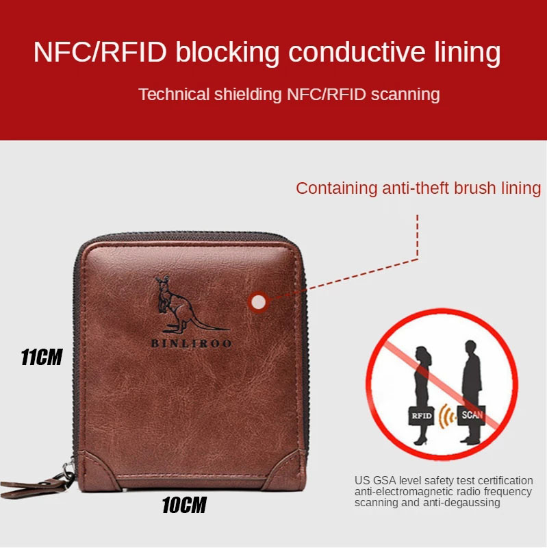 Poșetă clasică de modă pentru bărbați, din piele, cu fermoar, RFID, antifurt, de afaceri, pentru carduri de credit, geantă de bani, portofel bărbați