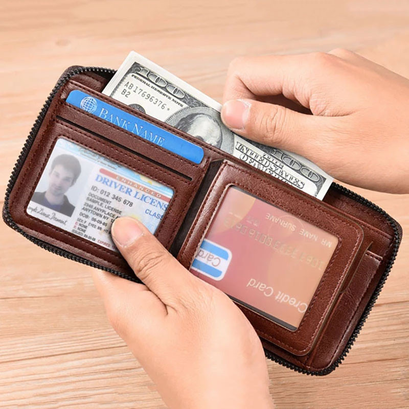 Poșetă clasică de modă pentru bărbați, din piele, cu fermoar, RFID, antifurt, de afaceri, pentru carduri de credit, geantă de bani, portofel bărbați