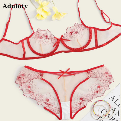 Seksualus liemenėlių rinkinys Siuvinėjimo gėlės perspektyvos Nėriniai Tinklelis Negabaritinis apatinio trikotažo komplektas Moteriškas Bralette Permatomas liemenėlių kelnaičių rinkinys