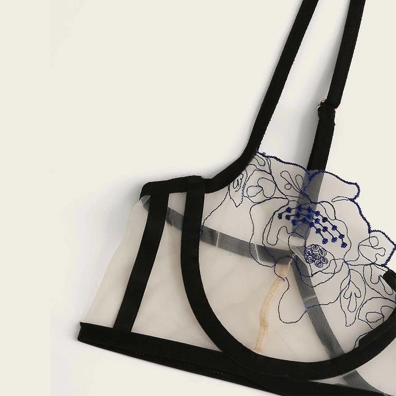 Seksualus liemenėlių rinkinys Siuvinėjimo gėlės perspektyvos Nėriniai Tinklelis Negabaritinis apatinio trikotažo komplektas Moteriškas Bralette Permatomas liemenėlių kelnaičių rinkinys