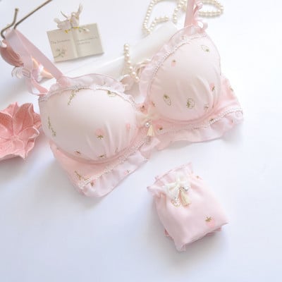 Kahevärviline vees lahustuv pesu tikandiga kilega tops bralette ilma terasrõngata värske ja tütarlapselikult armas kogumispesu rinnahoidja komplekt