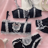 Kawaii Girl Wireless rinnahoidja ja aluspüksid Armas aluspesu Jaapani Lolita neiu naistepesu Must pits Bralette Seksikas seljaga suletav rinnahoidja komplekt