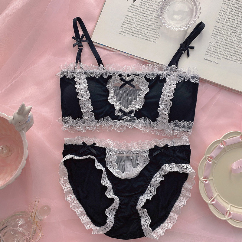 Kawaii Girl Wireless rinnahoidja ja aluspüksid Armas aluspesu Jaapani Lolita neiu naistepesu Must pits Bralette Seksikas seljaga suletav rinnahoidja komplekt
