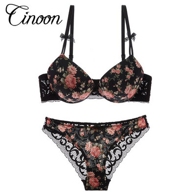 Įžymus prekės ženklas Sexy High Quality Moteriškas liemenėlių rinkinys spausdinimui Šilkiniai nėriniai Flower Push up Didelio dydžio apatiniai Bow liemenėlė ir tuščiavidurės kelnaitės