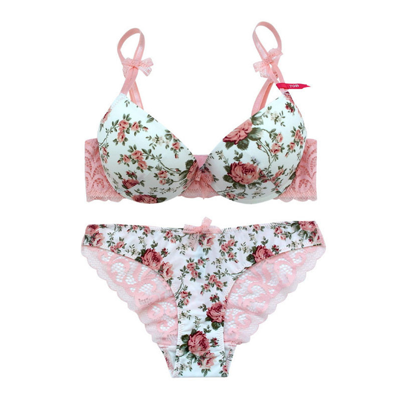 Įžymus prekės ženklas Sexy High Quality Moteriškas liemenėlių rinkinys spausdinimui Šilkiniai nėriniai Flower Push up Didelio dydžio apatiniai Bow liemenėlė ir tuščiavidurės kelnaitės