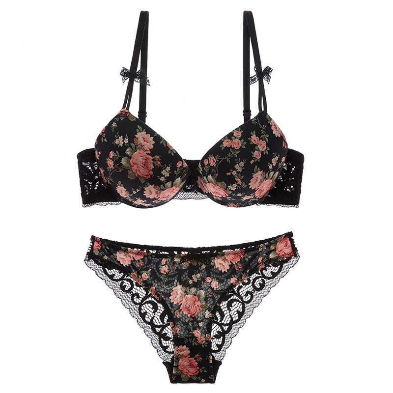 Įžymus prekės ženklas Sexy High Quality Moteriškas liemenėlių rinkinys spausdinimui Šilkiniai nėriniai Flower Push up Didelio dydžio apatiniai Bow liemenėlė ir tuščiavidurės kelnaitės