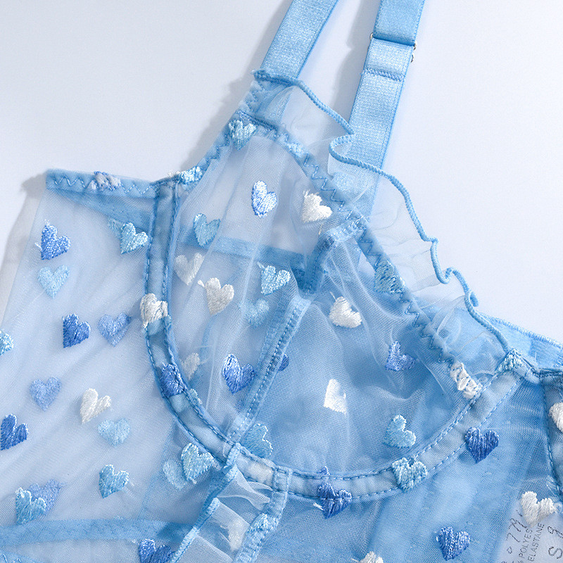 „Aduloty“ skaidrus naujos mados, mėlynos ir baltos spalvos meilės siuvinėjimo modelio perspektyva, erotinis apatinis trikotažas, liemenėlė, moteriškas apatinio trikotažo kostiumas