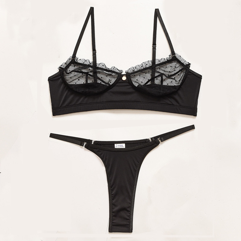 Aduloty Sexy moteriški apatiniai tuščiaviduriai nėriniai, banguoti taškas perspektyvos liemenėlės komplektas patogus push-up apatinių komplektas stringų apatinio trikotažo komplektas