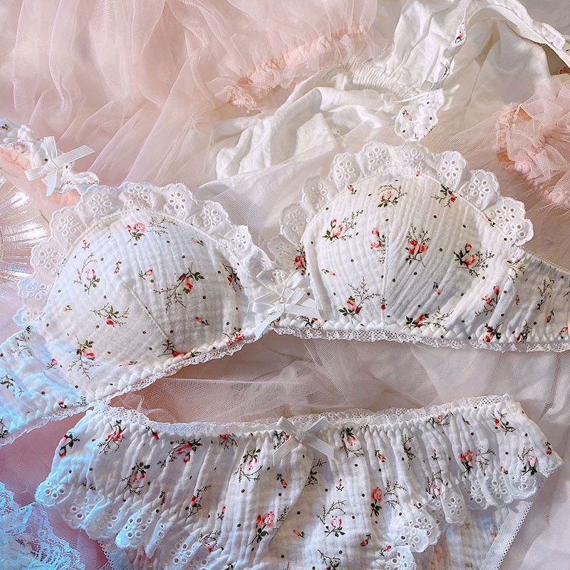Japoniška miela mergina korėjietiška gražus apatinis trikotažas Lolita liemenėlė ir kelnaičių komplektas moteriškas Kawaii Cup medvilninis apatinis trikotažas su gėlėmis Moteriai Nauja