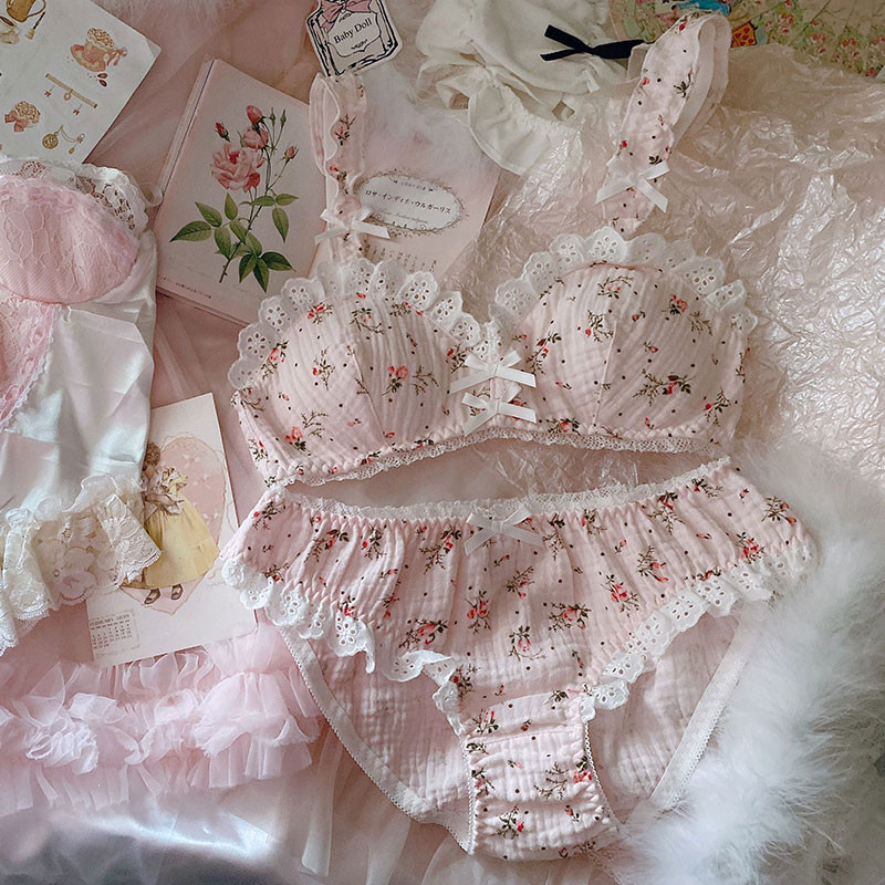 Japoniška miela mergina korėjietiška gražus apatinis trikotažas Lolita liemenėlė ir kelnaičių komplektas moteriškas Kawaii Cup medvilninis apatinis trikotažas su gėlėmis Moteriai Nauja