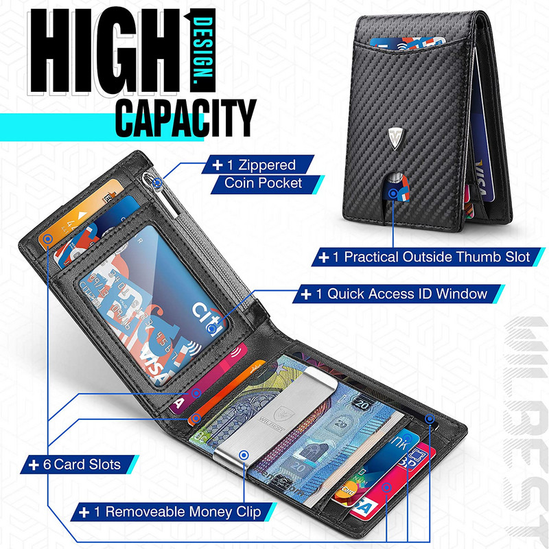 Mini kis szénszálas bőr pénztárca férfi karcsú pénztárca kártyatartó Pénzkapocs RFID érme zsebek