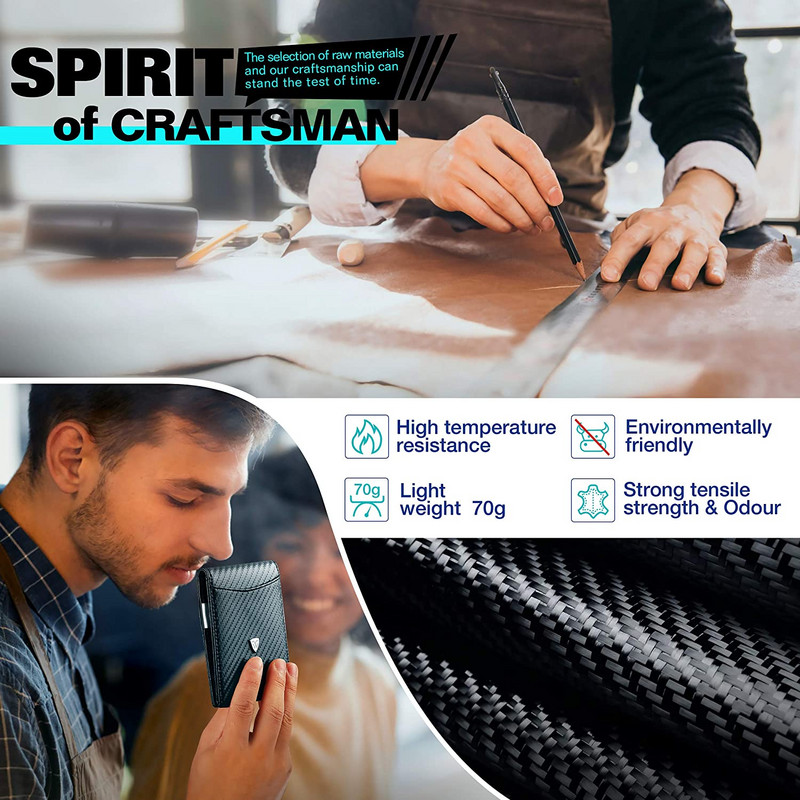 Mini kis szénszálas bőr pénztárca férfi karcsú pénztárca kártyatartó Pénzkapocs RFID érme zsebek