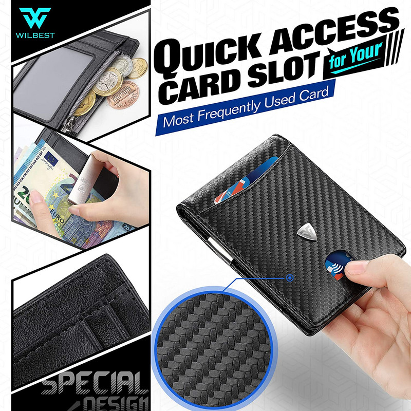Mini kis szénszálas bőr pénztárca férfi karcsú pénztárca kártyatartó Pénzkapocs RFID érme zsebek